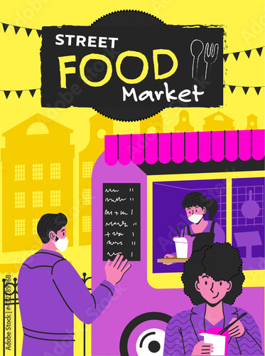 street food truck style festival flyer. Setting up a street-market in the city.