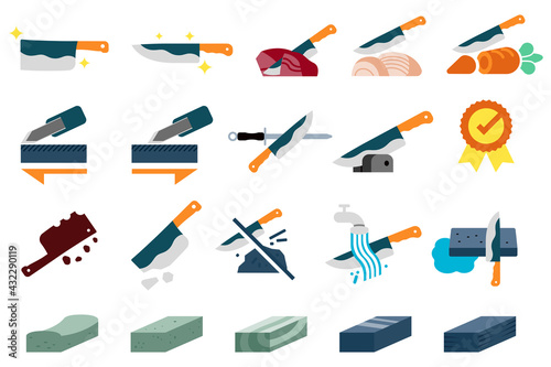 Good knife properties. Maintenance of kitchen equipment flat icon.