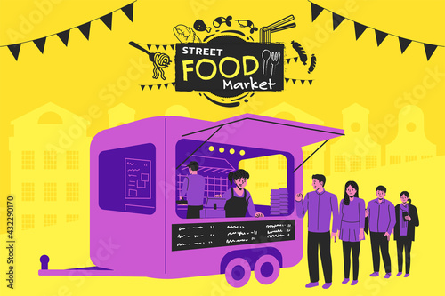 Setting up a street-market in the city. Street food truck style festival poster design.