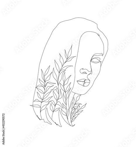 Woman face portrait with plants in line art style. Abstract female linear illustration. Trendy elegant continuous line drawing. (ID: 432290572)