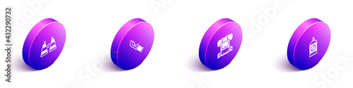 Set Isometric Binoculars, Hunter knife, Hiking backpack and Spray against insects icon. Vector