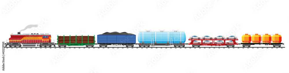 Set of train cargo wagons, cisterns, tanks and cars. Railroad freight collection. Flatcar, boxcar, car carriage. Industrial carriages, side view. Cargo rail transportation. Flat vector illustration Set of train cargo wagons, cisterns, tanks and cars. Railroad freight collection. Flatcar, boxcar, car carriage. Industrial carriages, side view. Cargo rail transportation. Flat vector illustration