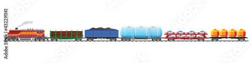 Set of train cargo wagons, cisterns, tanks and cars. Railroad freight collection. Flatcar, boxcar, car carriage. Industrial carriages, side view. Cargo rail transportation. Flat vector illustration