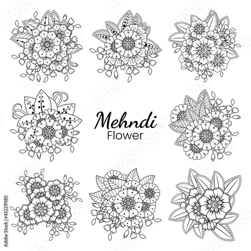 Set of Mehndi flower for henna, mehndi, tattoo, decoration. decorative ornament in ethnic oriental style. doodle ornament. outline hand draw illustration. coloring book page.