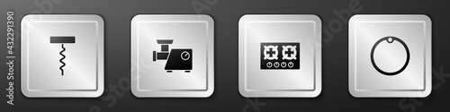 Set Wine corkscrew, Kitchen meat grinder, Gas stove and Cutting board icon. Silver square button. Vector