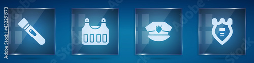 Set Flashlight, Bulletproof vest, Police cap with cockade and badge. Square glass panels. Vector