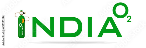 Concept of Oxygen Shortage in India during the second wave of coronavirus Covid-19 pandemic. Indian text with oxygen cylinder on white background, Flat image. Vector illustration