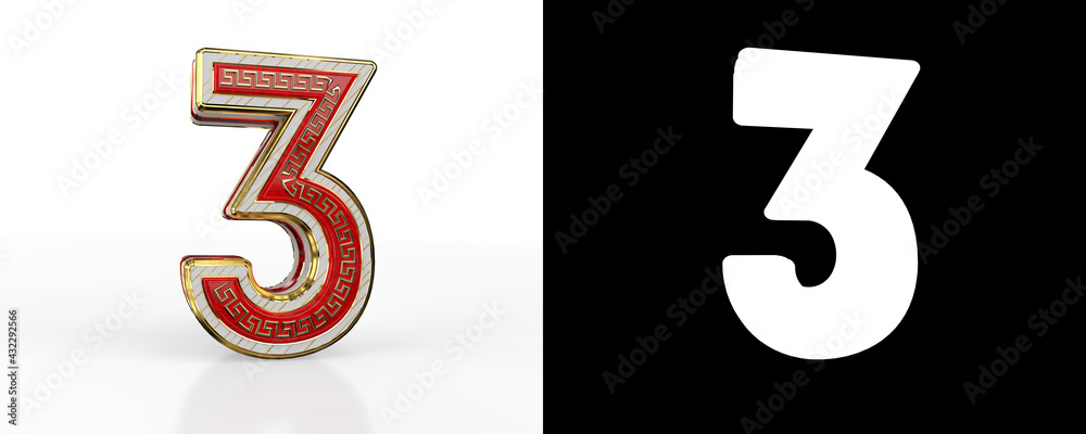 Number three (number 3) with red transparent stripe Number three (number 3) with red transparent stripe