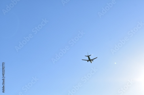 A plane is flying in a clear blue sky.