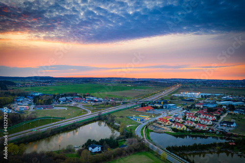 Aerial landscape of the road in Poland at sunset.
