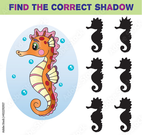 Cartoon illustration of seahorse. Find the correct shadow. Cartoon vector illustration. Educational game for children.