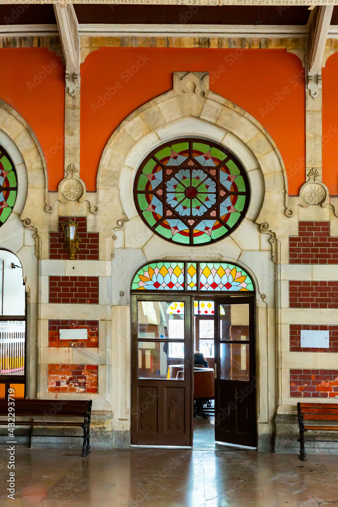 Architectural elements in Ottoman style decorating historic building of Sirkeci railway Terminal in Istanbul, Turkey