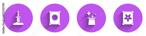 Set Sword in the stone, Ancient magic book, Magic hat and icon with long shadow. Vector