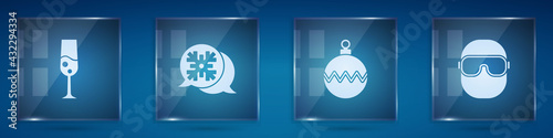 Set Glass of champagne, Snowflake speech bubble, Christmas ball and Ski goggles. Square glass panels. Vector
