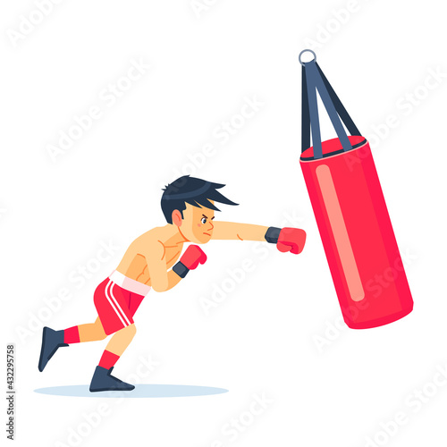 Cute boy or young boxer dressed in sportswear training with punching bag isolated on white background. Boxing workout, sports activity for children. Colorful illustration in flat cartoon style