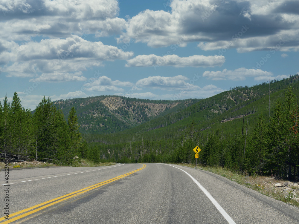 Fototapeta premium Paved road and landscape at Yellowstone National Park, Wyoming.