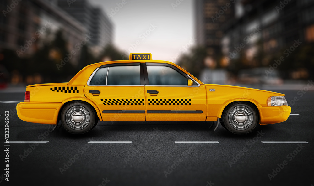 Yellow taxi cab on the road. 3D illustration Yellow taxi cab on the road. 3D illustration