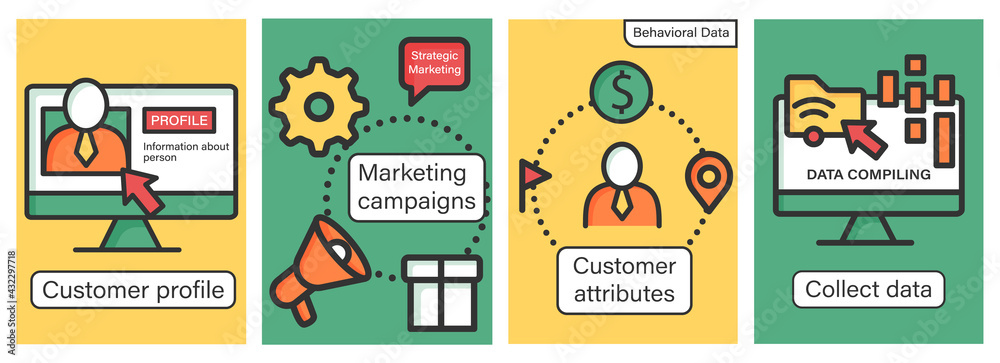 Customer data platform brochures.Customer profile and attributes,marketing campaigns templates.Flyers,magazines,posters,booklets.Client data infographic concept.Layouts illustrations pages with icons Customer data platform brochures.Customer profile and attributes,marketing campaigns templates.Flyers,magazines,posters,booklets.Client data infographic concept.Layouts illustrations pages with icons