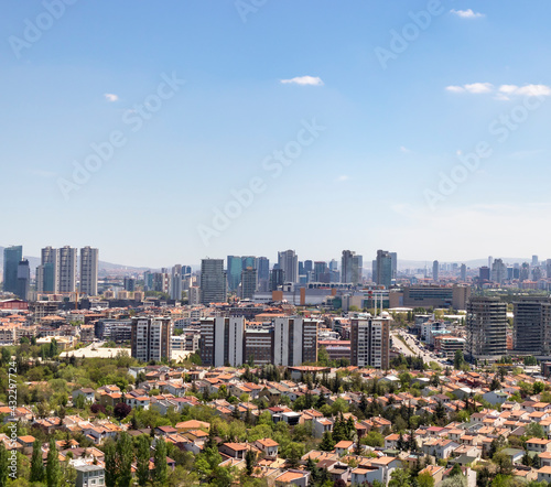 
Ankara province, Cankaya district, there are villas in the foreground from high view, there are large modern buildings in the background.