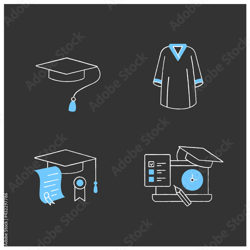 Graduation chalk icons set. Special uniform, cap, dress diploma, exam. Studying concept.Isolated vector illustration on chalkboard