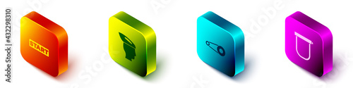 Set Isometric Ribbon in finishing line, Bicycle helmet, chain with gear and lock icon. Vector