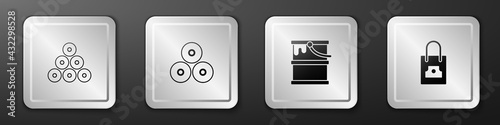 Set Paint spray can, , bucket and Spray nozzle cap icon. Silver square button. Vector
