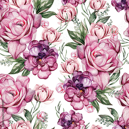 Beautiful Watercolor seamless pattern with spring peony and spirea flowers. Illustration