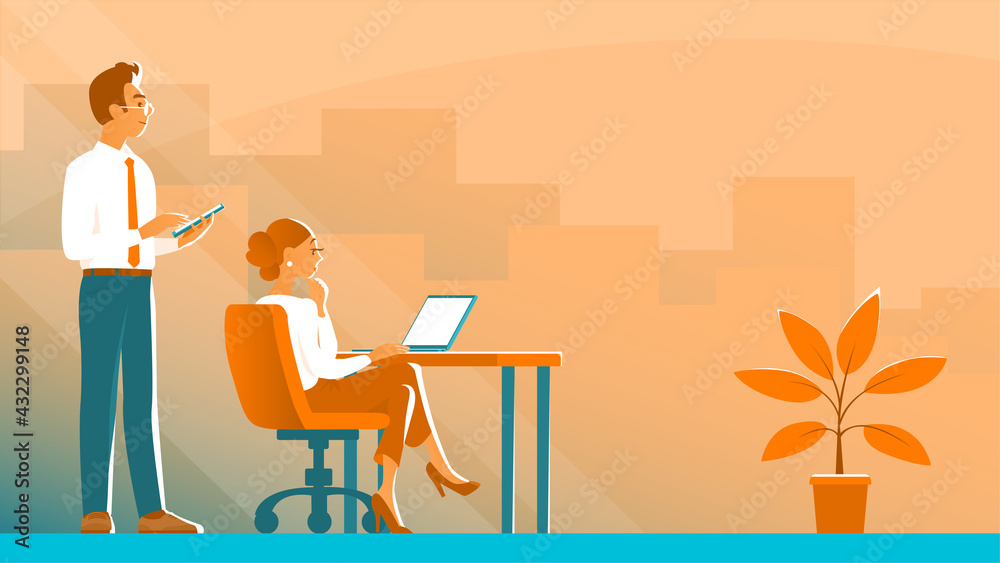 A business man and a girl are working in an office. He is standing with a tablet. She is sitting at a laptop. Think together ideas for success. Cartoon illustration with place for text.