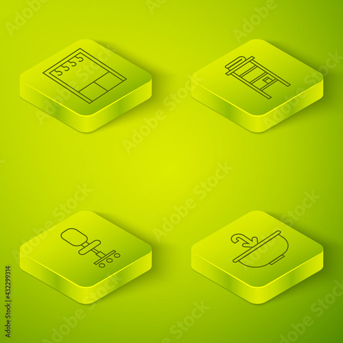 Set Isometric Bathroom rack with shelves for towels, Office chair, Washbasin with water tap and Wardrobe icon. Vector