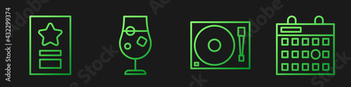 Set line Vinyl player with a vinyl disk, Greeting card, Cocktail and alcohol drink and Birthday calendar. Gradient color icons. Vector