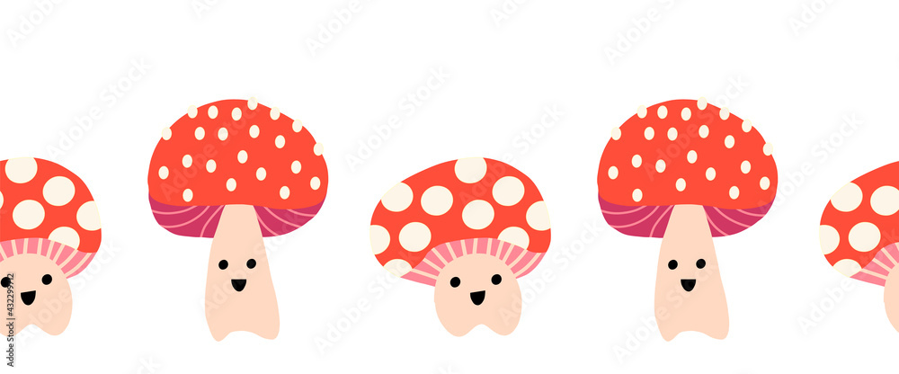 Cute toadstools seamless vector border. Horizontal repeating kids pattern mushroom fungi with smiling faces. Surface pattern design for fabric trim, kids, children decor, footer, card decor.