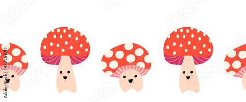 Cute toadstools seamless vector border. Horizontal repeating kids pattern mushroom fungi with smiling faces. Surface pattern design for fabric trim, kids, children decor, footer, card decor.