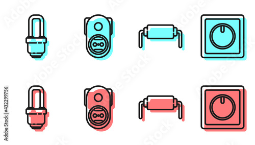 Set line Resistor electricity, LED light bulb, Electrical outlet and Electric light switch icon. Vector