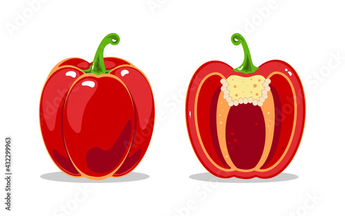 Red bell pepper and red bell pepper in the cut. Healthy nutrition. Vector illustration of vegetables.