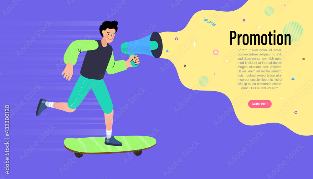 Man on a skateboard shouting in a loudspeaker. advertisement or refer a friend. advertisement or refer a friend. Vector illustration