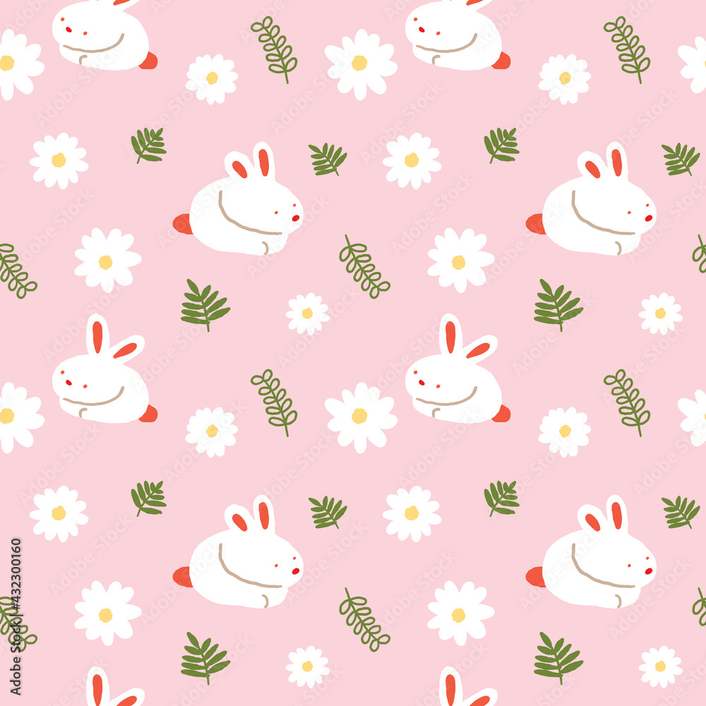 Seamless Pattern with Rabbit, Flower and Leaf Design on Pink Background