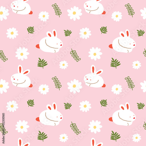 Seamless Pattern with Rabbit, Flower and Leaf Design on Pink Background