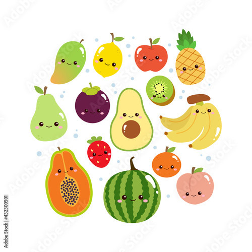 Cute colorful fruits collection with smiley face. Flat vector design.