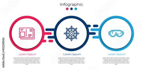 Set line Passport with visa stamp, Ship steering wheel and Ski goggles. Business infographic template. Vector