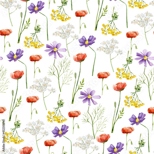 Watercolor wild flowers seamless pattern. Meadow rad and purple flowers and floral for textile fabric  wrapping paper  wallpaper decor  scrapbook paper.