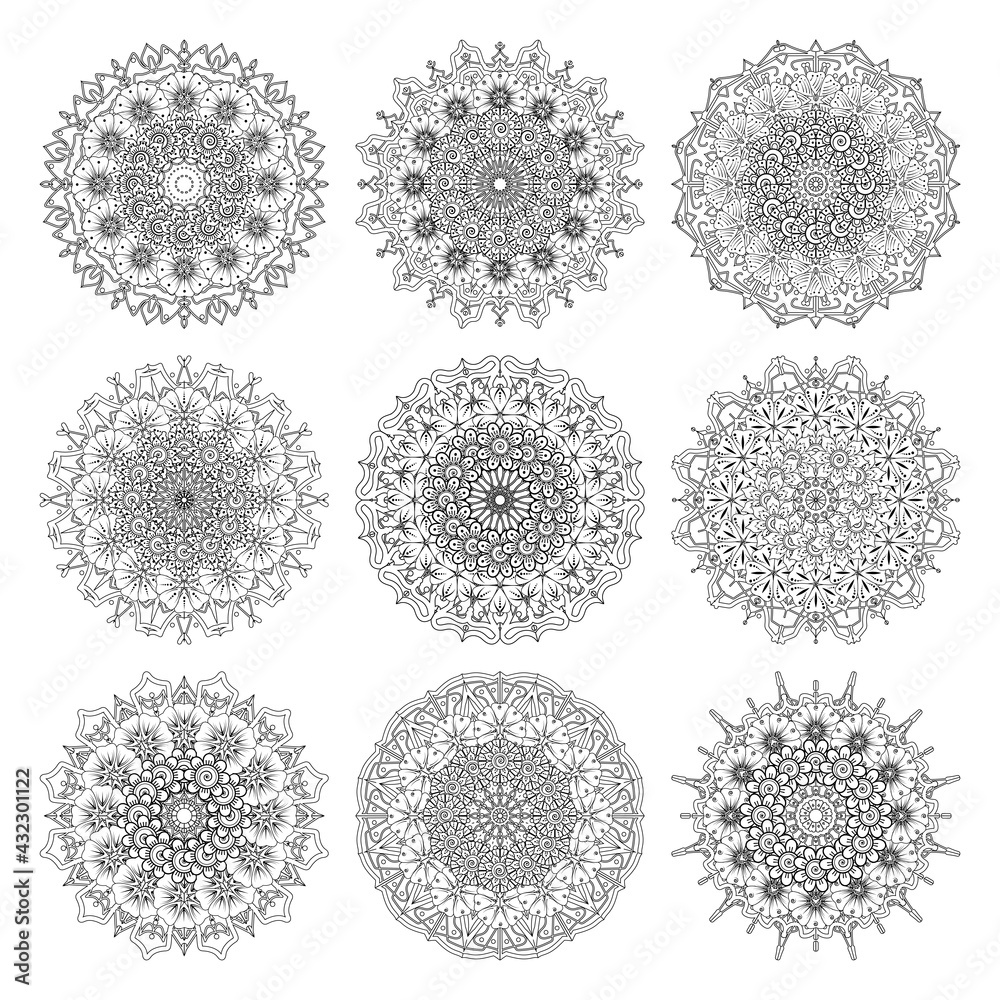 Set of Mehndi flower with frame in shape of heart. Mehndi flower for henna, mehndi, tattoo, decoration. decorative ornament in ethnic oriental style. doodle ornament. coloring book page. Set of Mehndi flower with frame in shape of heart. Mehndi flower for henna, mehndi, tattoo, decoration. decorative ornament in ethnic oriental style. doodle ornament. coloring book page.