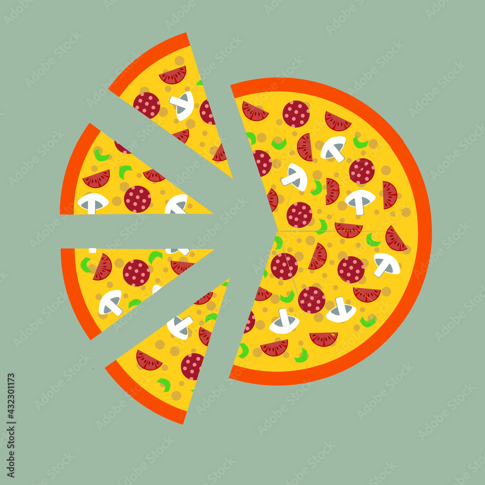 Italian pizza cut into slices. Vector illustration of delicious pizza with fresh green basil tomato onion cheese and mushrooms. Isolated on white background. Template for your design and advertising. Italian pizza cut into slices. Vector illustration of delicious pizza with fresh green basil tomato onion cheese and mushrooms. Isolated on white background. Template for your design and advertising.