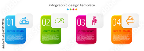 Set line Military barracks, beret, Cocktail molotov and Swiss army knife. Business infographic template. Vector
