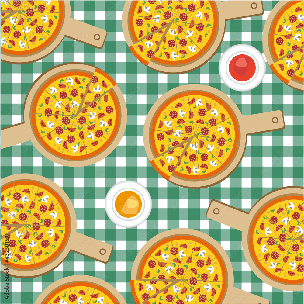 Pizza and slice triangle with different ingredients tomato, cheese, olive, sausage, onion. Traditional Italian fast food. Top view of food on blackboard. European traditional snack. Pizza and slice triangle with different ingredients tomato, cheese, olive, sausage, onion. Traditional Italian fast food. Top view of food on blackboard. European traditional snack.