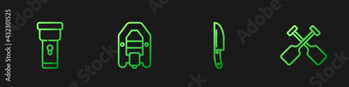 Set line Knife, Flashlight, Rafting boat and Paddle. Gradient color icons. Vector