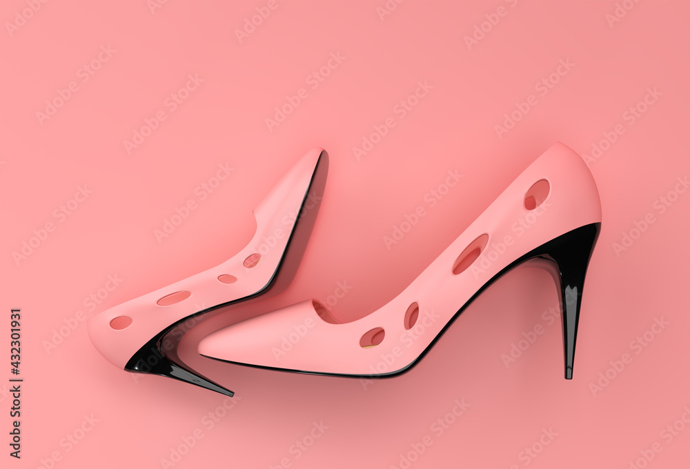 Fototapeta premium 3D Render Stylish classic women's Shoes in high hills on a Color Background.