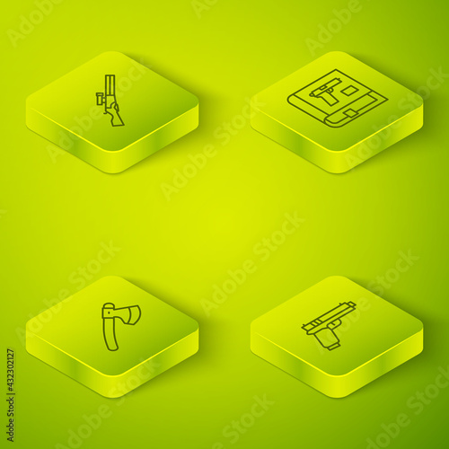 Set Isometric line Book with pistol or gun, Wooden axe, Pistol and Hunting icon. Vector