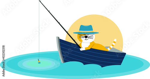 Red cat relaxes on boat and fish