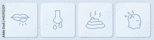 Set line Herpes lip, Shit, Runny nose and Man having headache. White square button. Vector