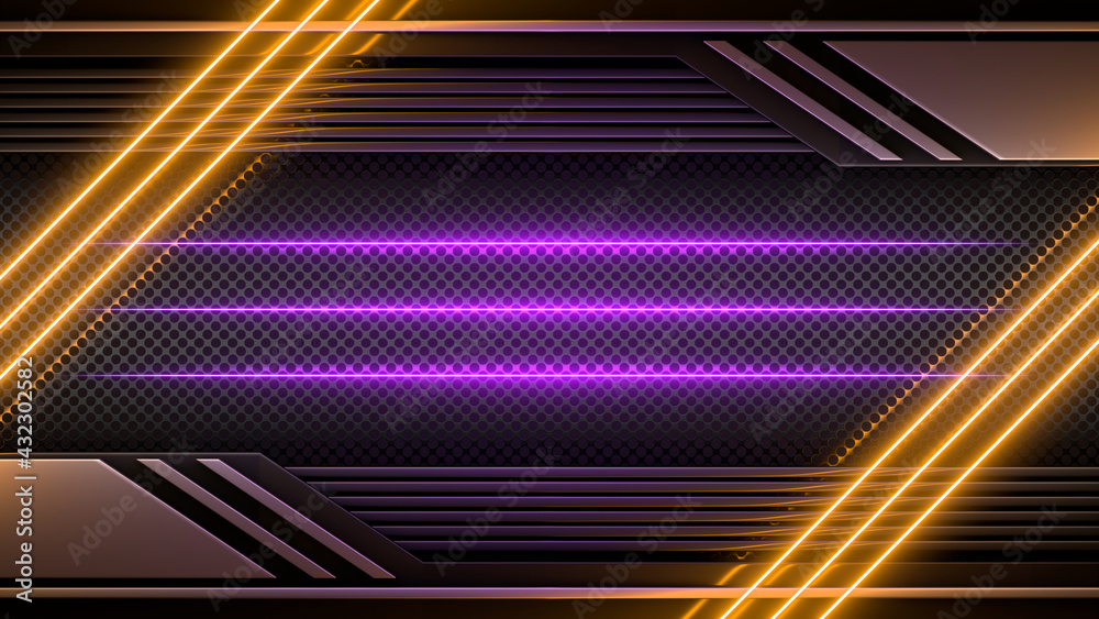 Sci Fy Neon Glowing Lamps On Dark Perforated Wall. Abstract Technology Background. 3D Rendering.
